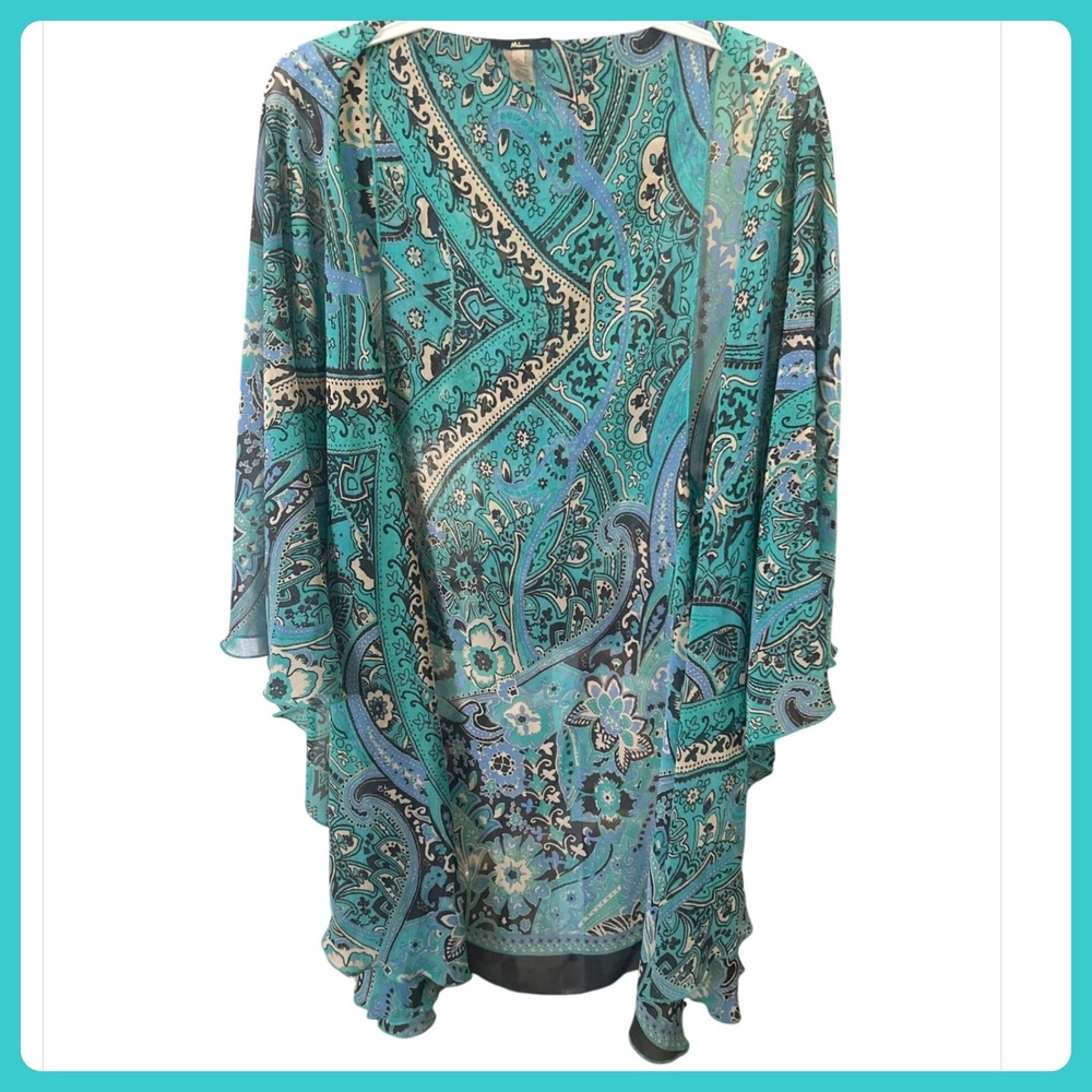 Milano Womens Teal Blue Paisley Floral Sheer Kimono Wrap Cardigan‎ L/XL